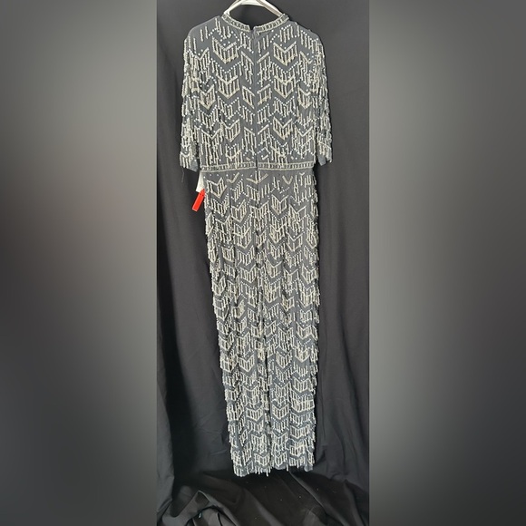 *Flawed Mac Duggal 93804 NWT Gray Beaded Fringe Quarter Sleeve Column Gown - Picture 5 of 11